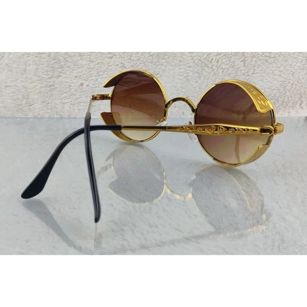 Sunglasses Round Metal Steampunk Gold Frame Brown Lens Diesel Punk Cosplay - Picture 9 of 11